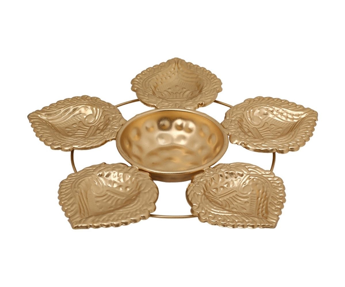 Metal Urli with Peacock Diya Holders